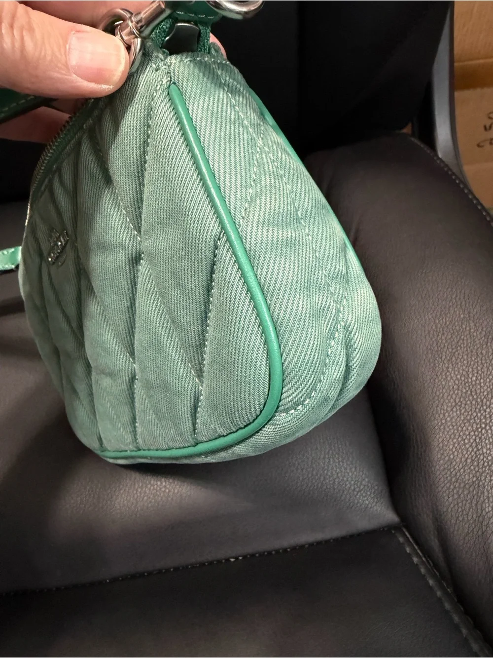 Coach Nolia Green denim silver hardware wristlet/mini bag